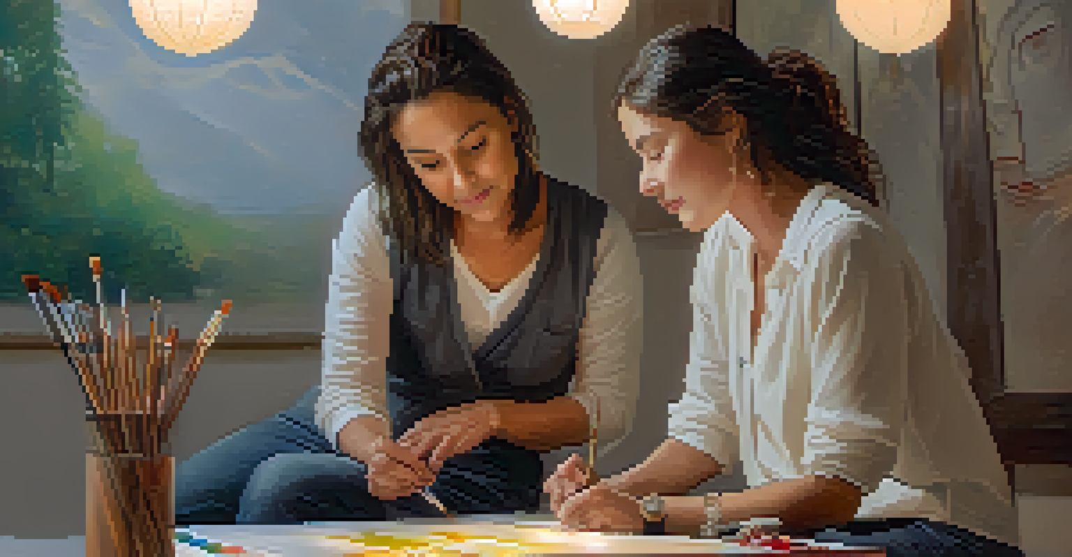 A therapist and client engaged in a one-on-one art therapy session, with the client painting on a canvas in a warmly lit room filled with art supplies.
