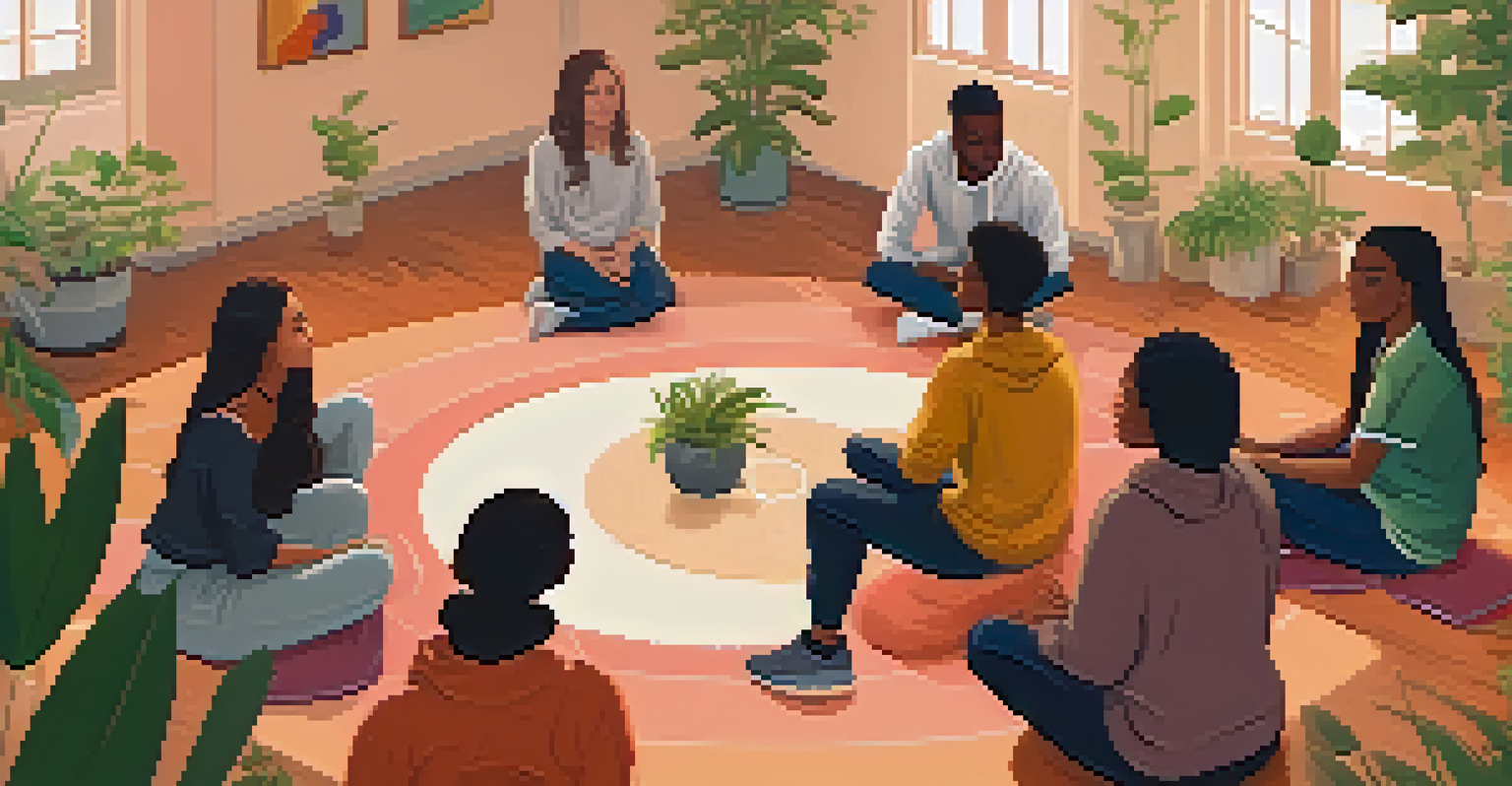 A supportive mental health session with young people in a circle sharing their feelings, in a warm and inviting room with soft lighting and comfortable seating.