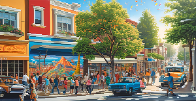 A colorful mural illustrating a community engaged in creative activities, highlighting diversity and artistic expression.