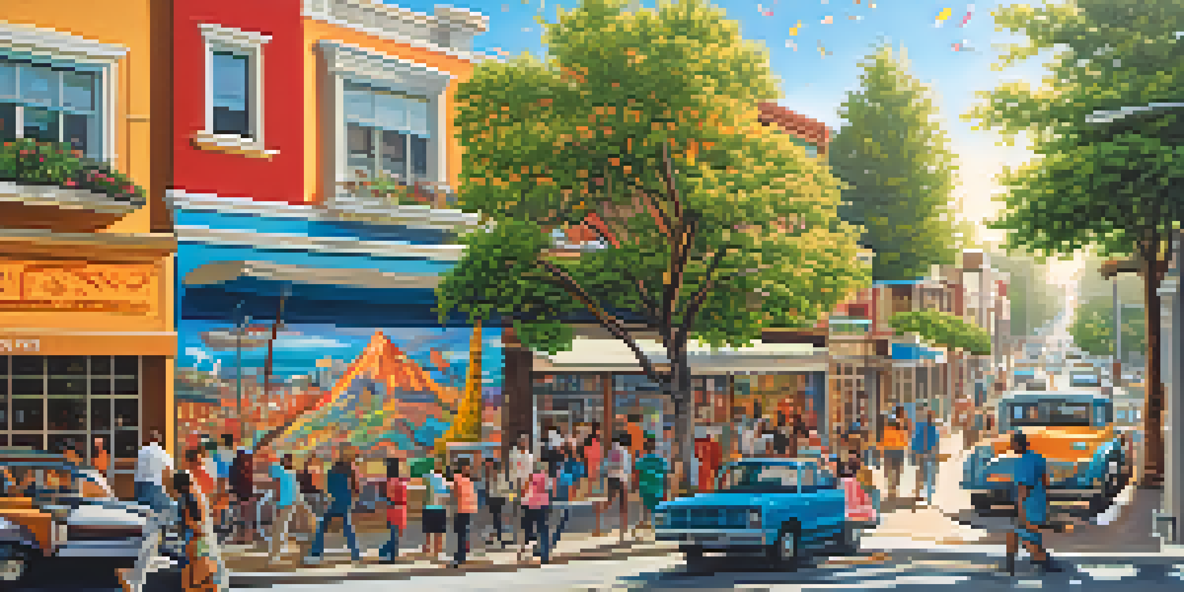 A colorful mural illustrating a community engaged in creative activities, highlighting diversity and artistic expression.