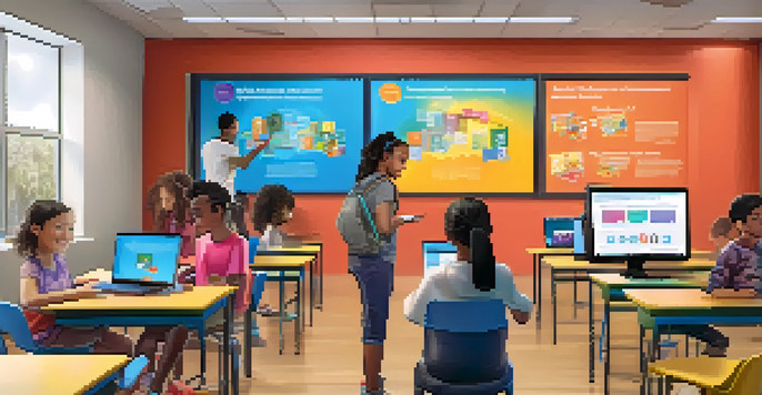 A vibrant digital classroom filled with students engaging in online learning, using laptops and tablets, with colorful educational decorations and bright lighting.