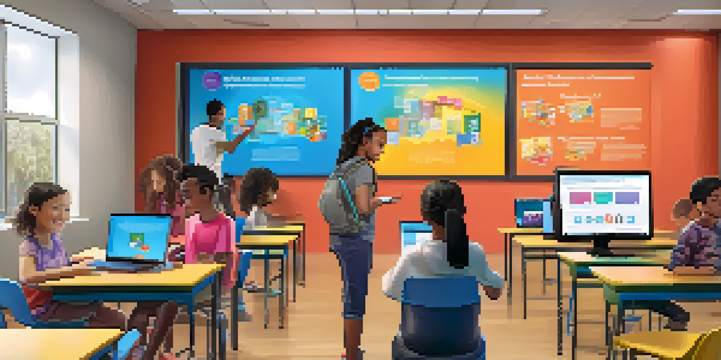 A vibrant digital classroom filled with students engaging in online learning, using laptops and tablets, with colorful educational decorations and bright lighting.