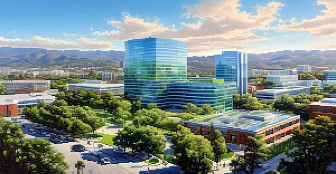 A panoramic view of a biotechnology district in San Jose with modern buildings and greenery, under a clear blue sky.