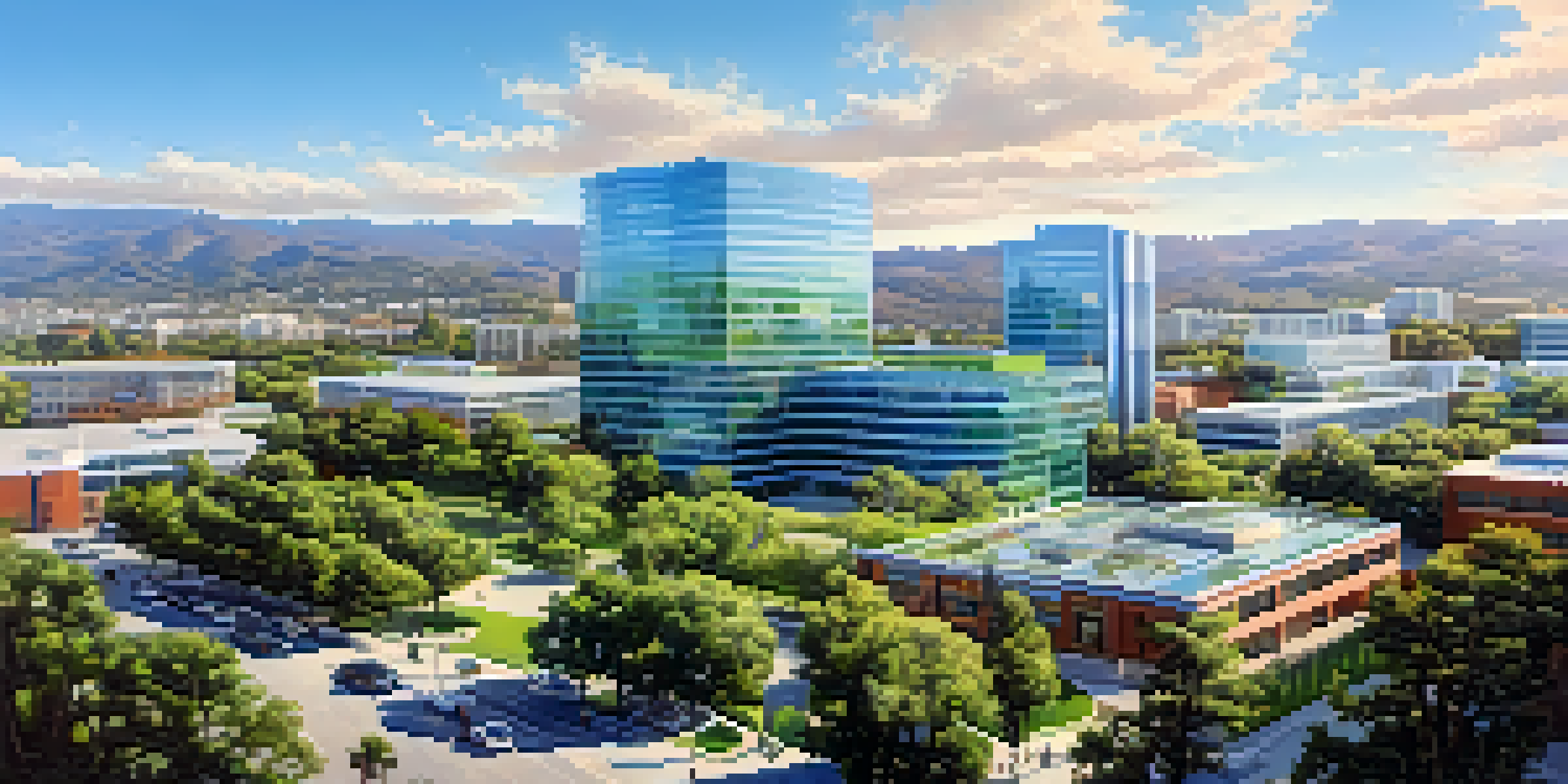 A panoramic view of a biotechnology district in San Jose with modern buildings and greenery, under a clear blue sky.
