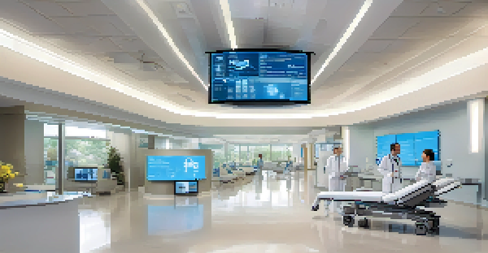 A bright hospital lobby in San Jose with digital screens and doctors interacting with patients, showcasing AI technology.