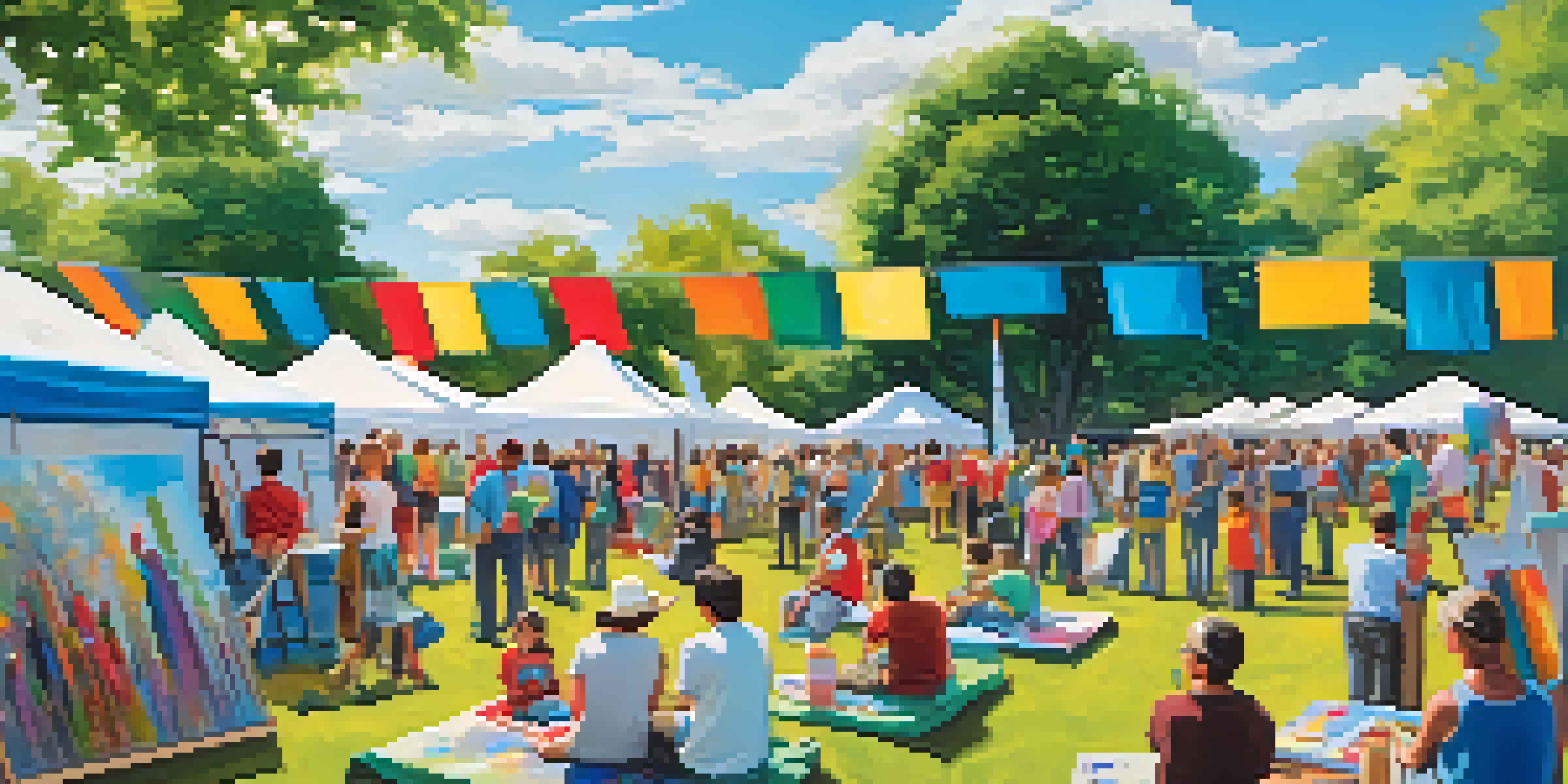 A community art event in a park with families painting canvases and local artists demonstrating techniques.