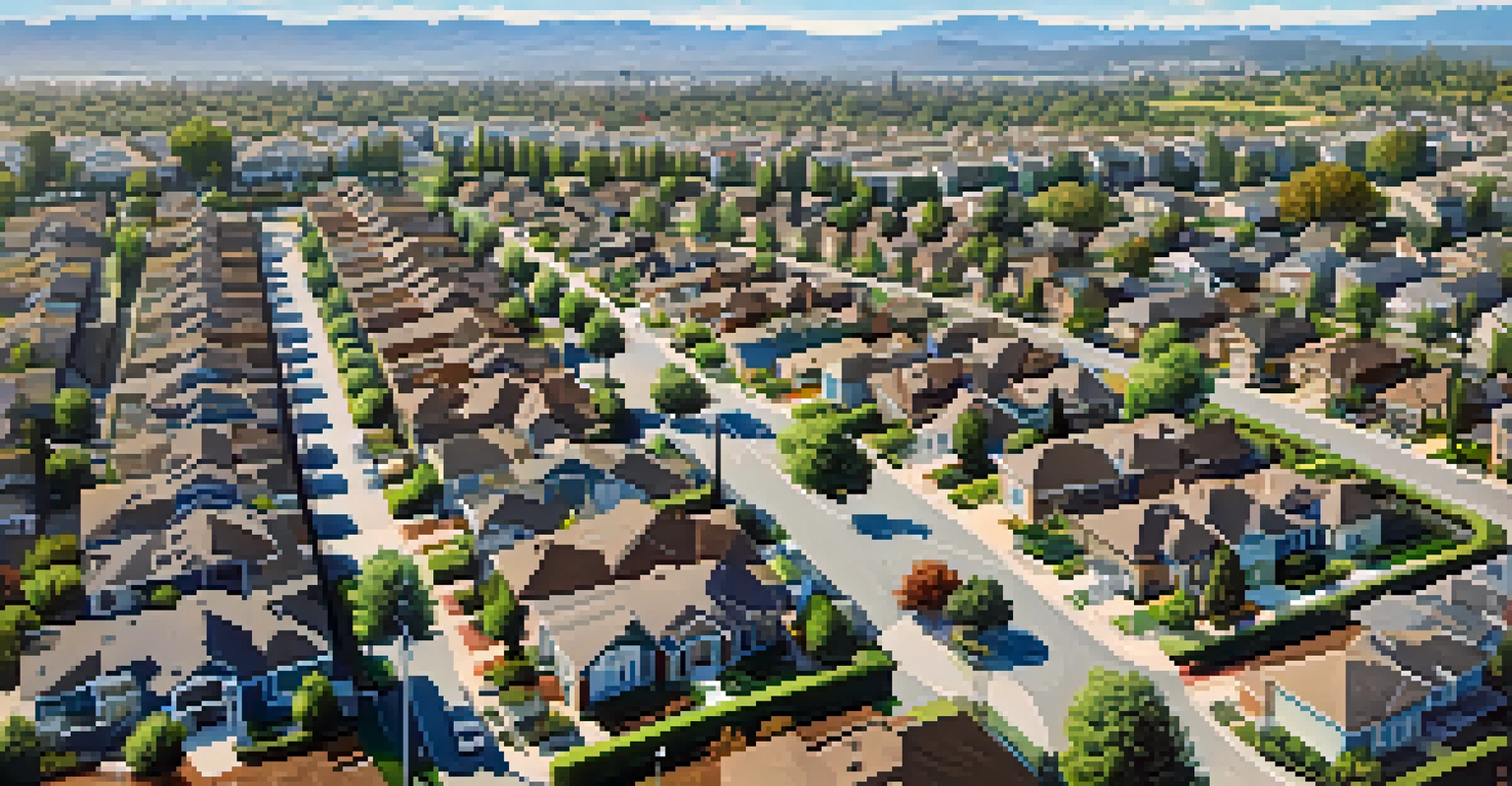 Aerial view of a suburban neighborhood in San Jose, showing houses, parks, and distant tech company logos.