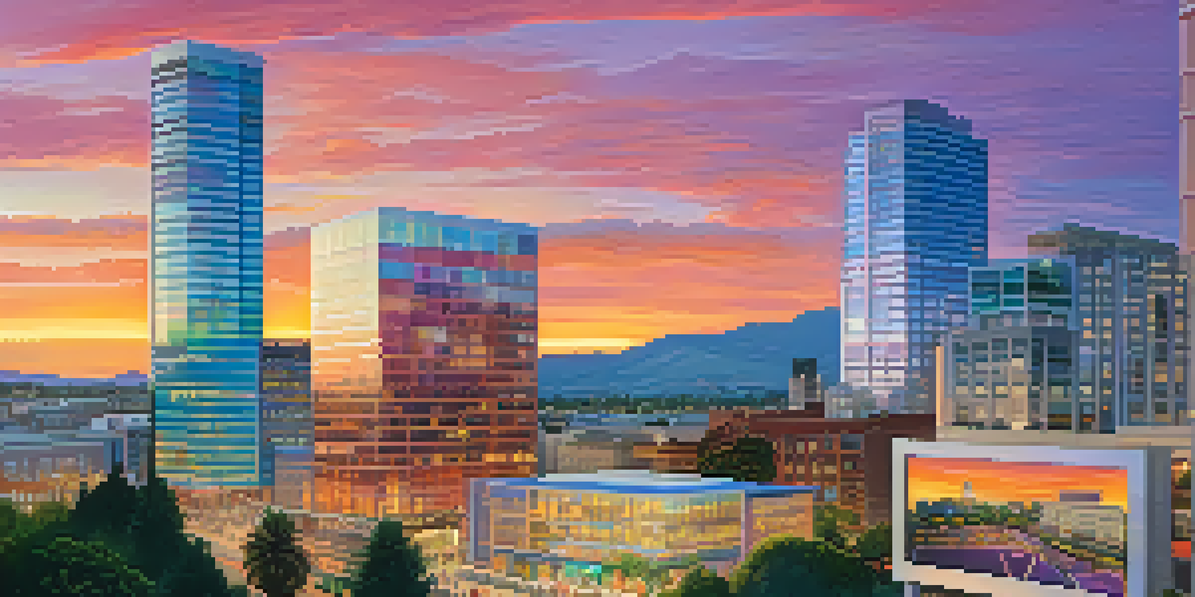 A cityscape of San Jose at sunset with people using technology and civic engagement displays.