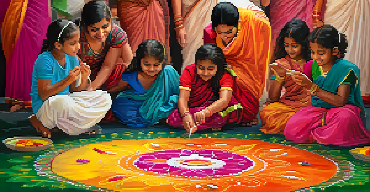 Children and families creating rangoli designs during a workshop at the San Jose Diwali Festival, surrounded by colorful powders and a festive atmosphere.