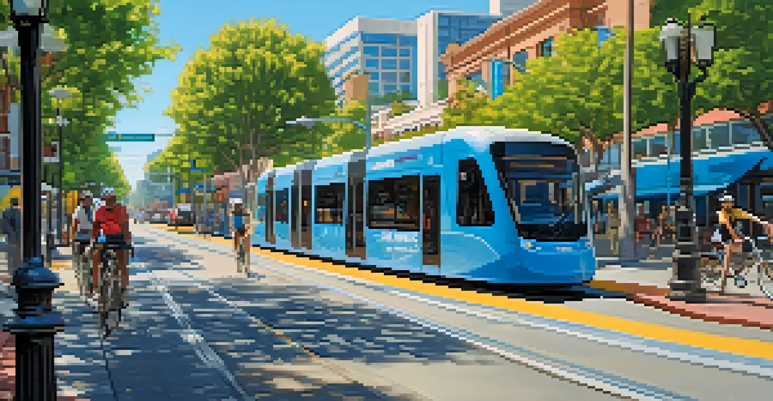 A vibrant street scene in San Jose with a light rail train, cyclists, and pedestrians promoting sustainable transportation.