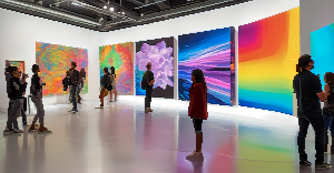 A lively digital art exhibition with visitors exploring colorful interactive installations in a modern gallery, enhanced by soft lighting and dynamic visuals.