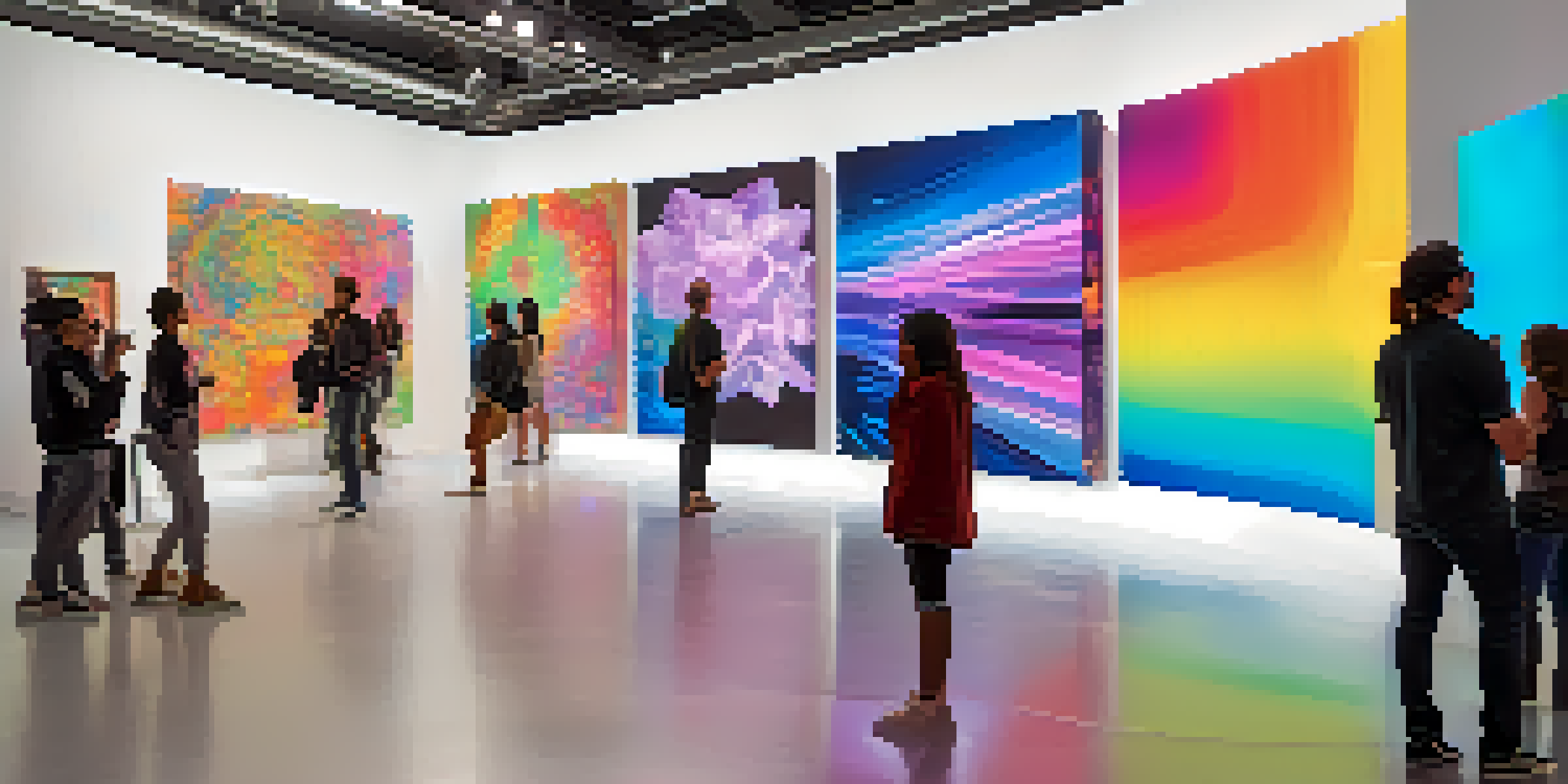 A lively digital art exhibition with visitors exploring colorful interactive installations in a modern gallery, enhanced by soft lighting and dynamic visuals.