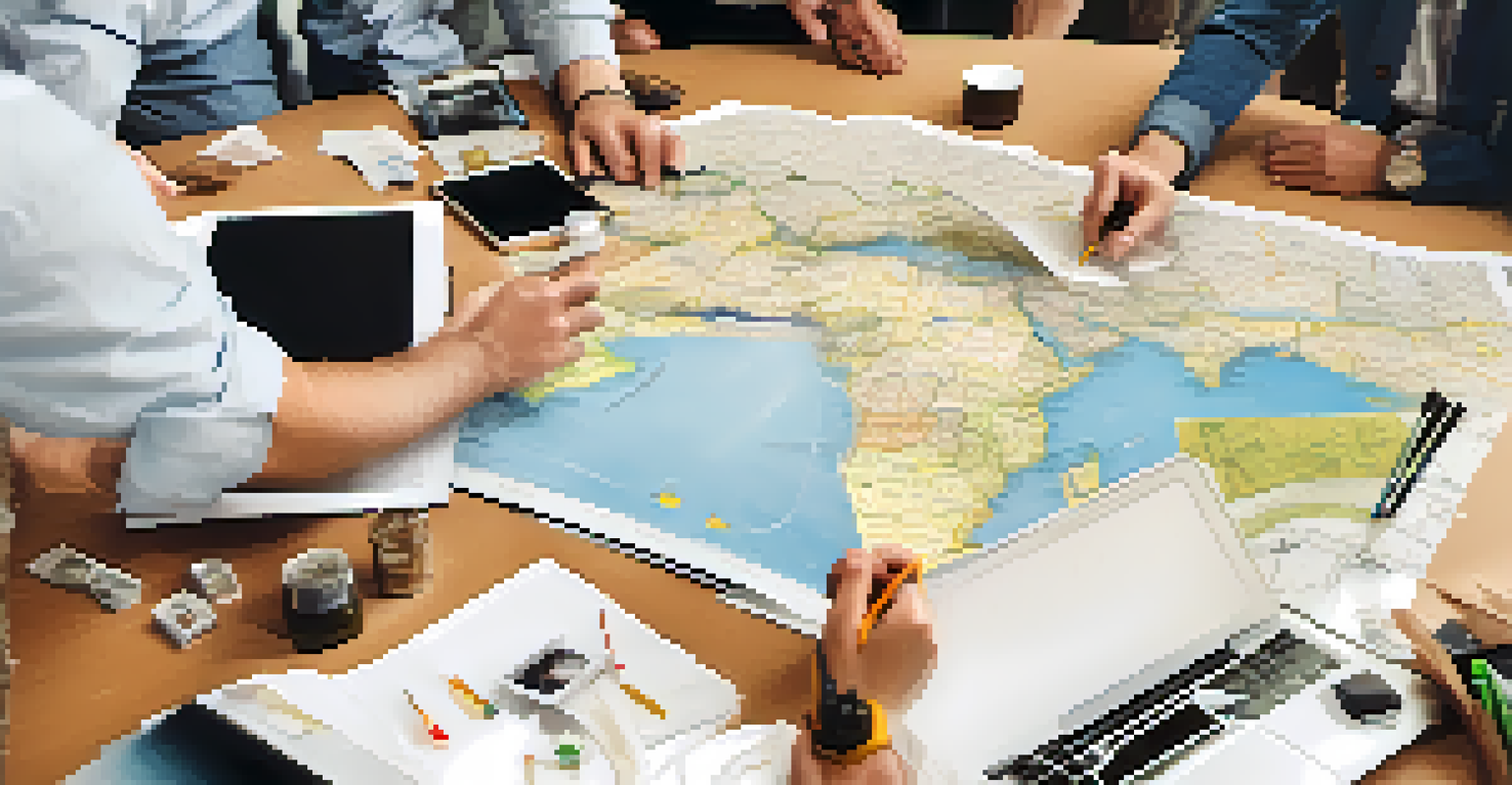 Hands of various individuals working together over a map to plan disaster recovery, with tools and natural light creating a collaborative environment.
