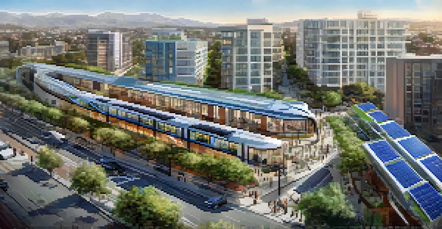 An aerial view of San Jose showing light rail, bike lanes, and solar-powered buildings, emphasizing sustainable urban planning.