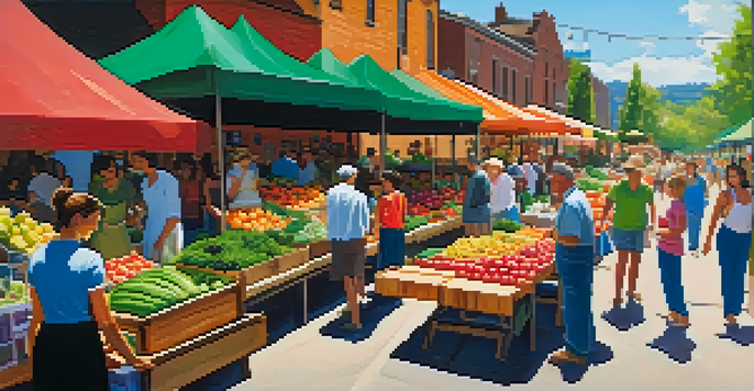 A lively farmers' market with colorful fruits and vegetables, a smiling farmer engaging with a customer, and families enjoying the sunny day.