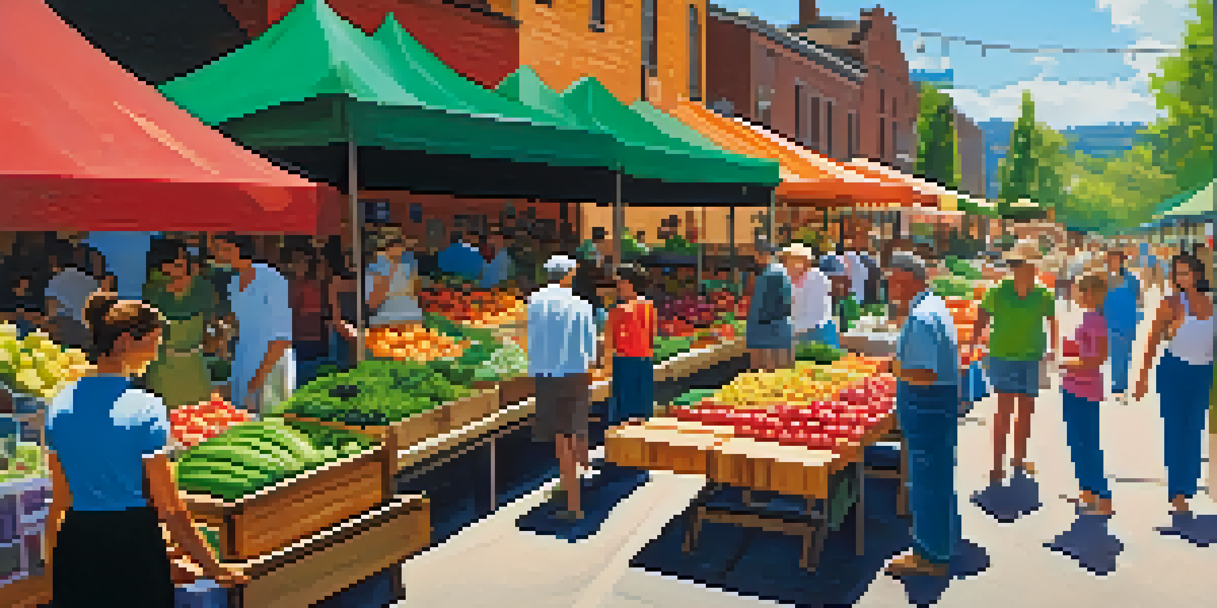 A lively farmers' market with colorful fruits and vegetables, a smiling farmer engaging with a customer, and families enjoying the sunny day.