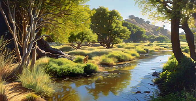 A sunny Coyote Creek corridor filled with diverse plants and birds, highlighting the importance of biodiversity.