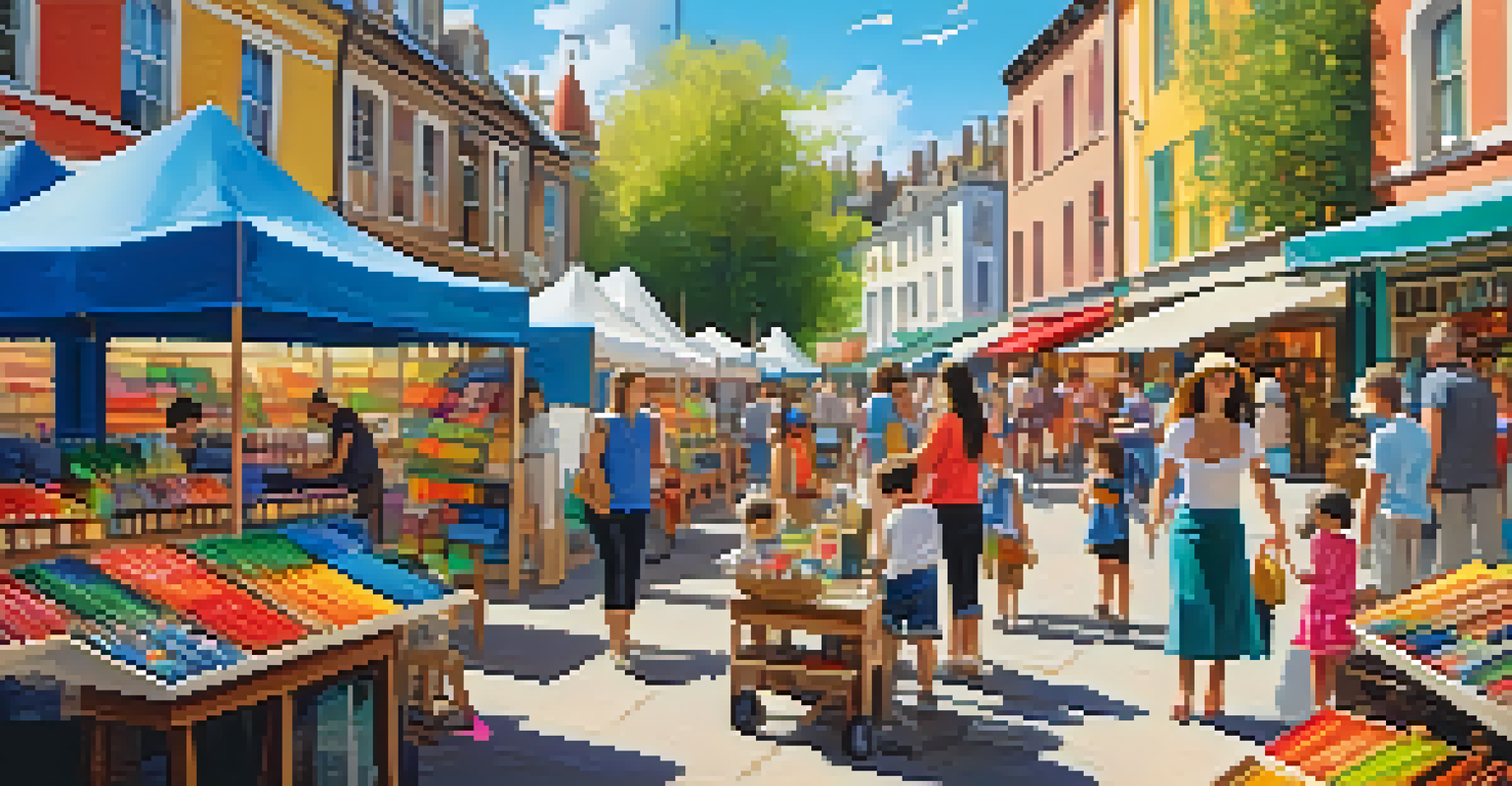 A family with children engaged in a crafting activity at an artisan market, surrounded by colorful supplies and cheerful market stalls.