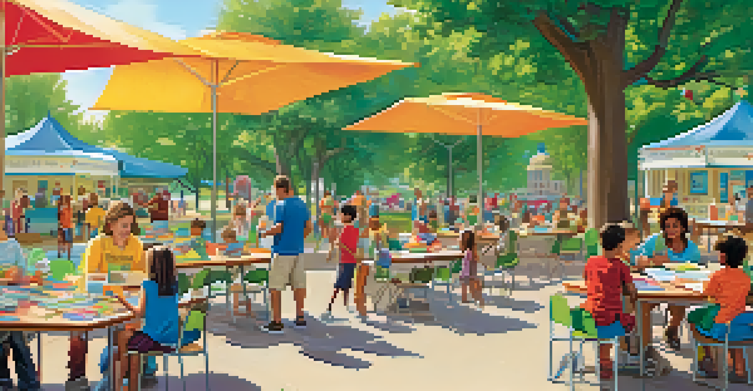 A community literacy event in a park with families and children engaging in reading activities, surrounded by colorful banners and books.