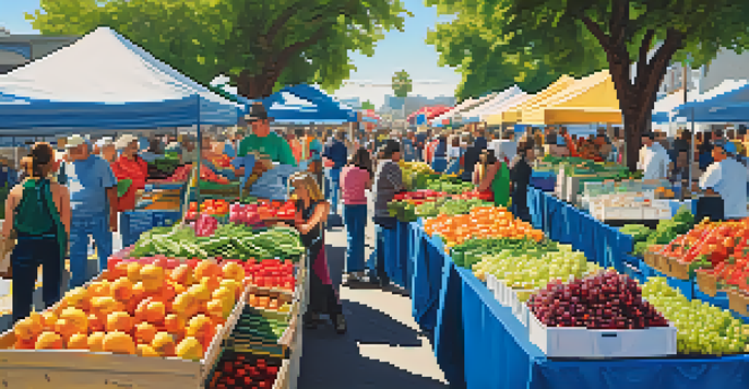 A busy farmers' market in San Jose with colorful stalls and people shopping for fresh produce.