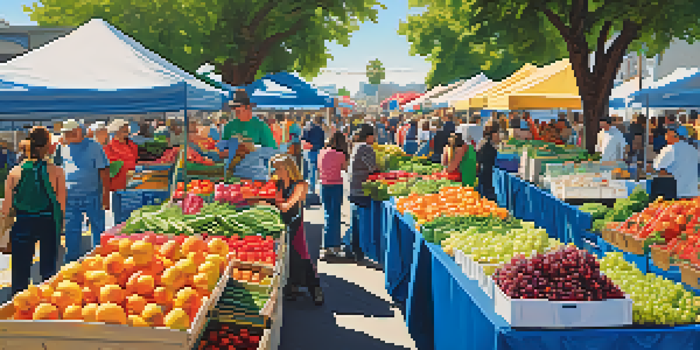 A busy farmers' market in San Jose with colorful stalls and people shopping for fresh produce.