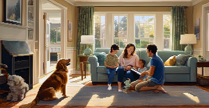 A family happily interacting with their newly adopted golden retriever in a bright living room.