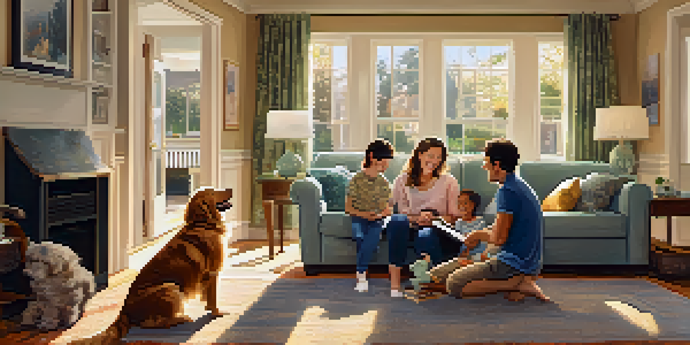 A family happily interacting with their newly adopted golden retriever in a bright living room.