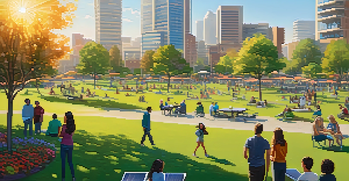 A lively urban park in San Jose with greenery, flowers, and people engaging in various activities, alongside modern buildings and smart technology features under golden sunlight.