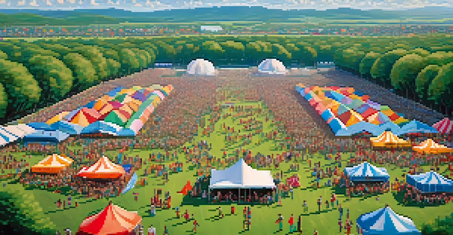Aerial view of a large music festival with colorful tents, stages, and thousands of attendees enjoying the event.