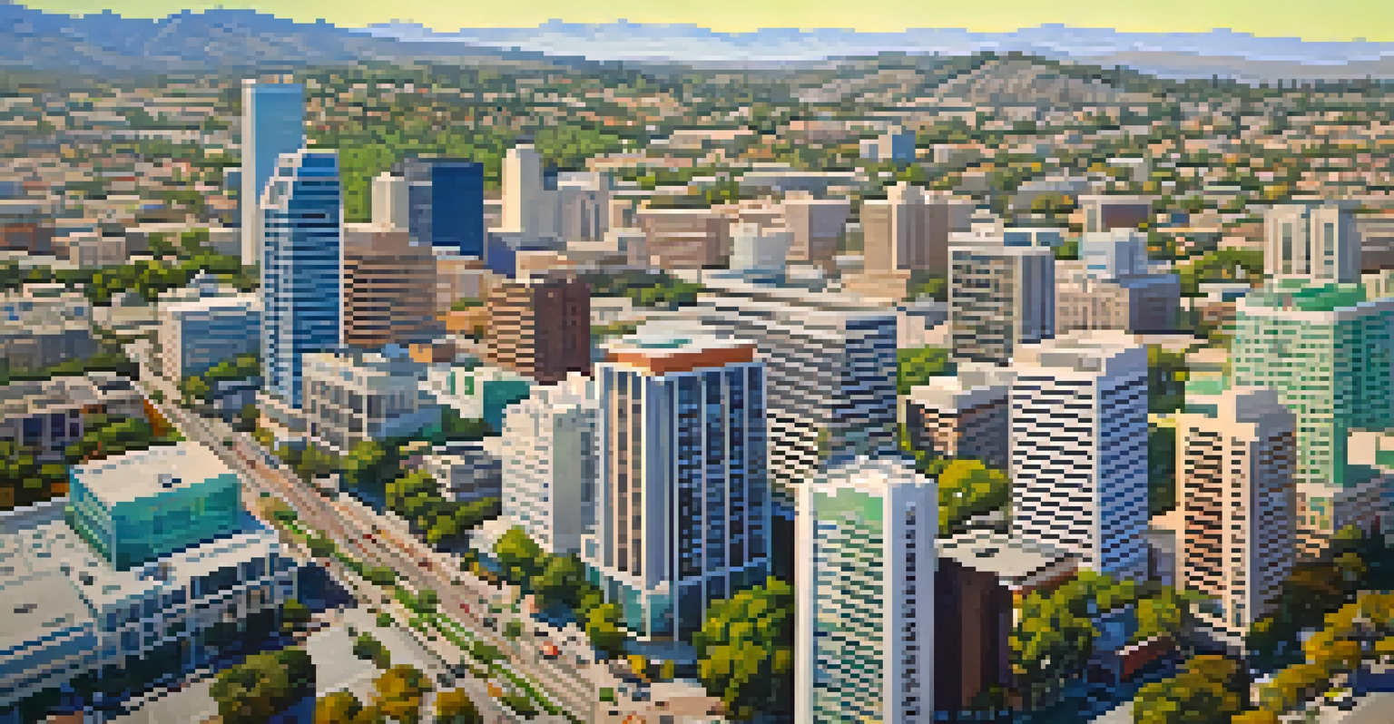 An aerial view of San Jose's skyline featuring modern skyscrapers and green parks under a blue sky.