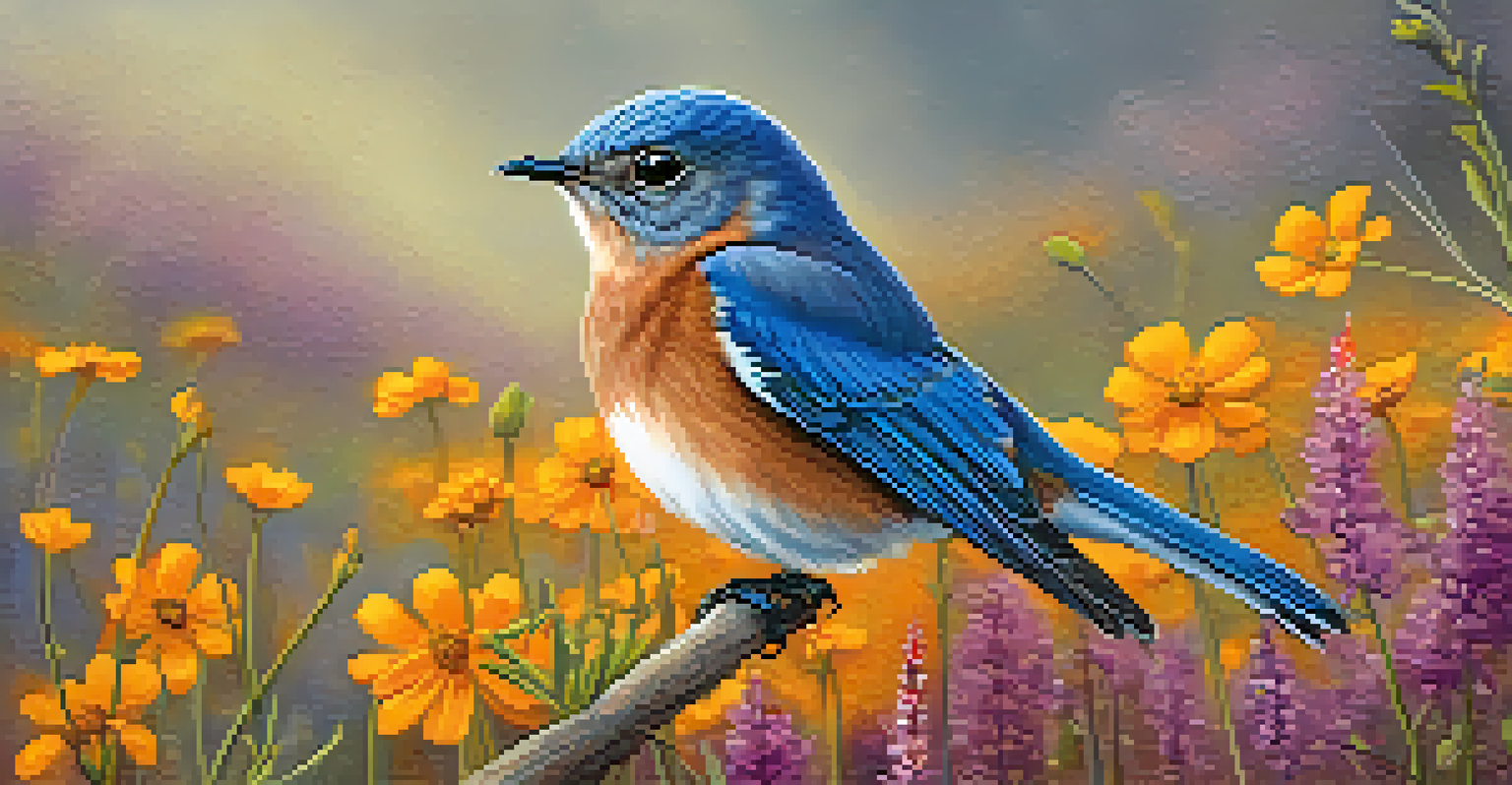 A Western Bluebird on a branch surrounded by colorful wildflowers, with a blurred backdrop representing climate change effects.