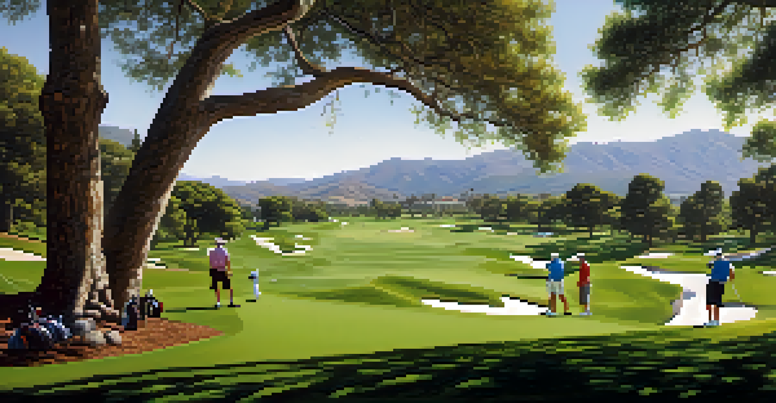 Golfers of different ages playing on a sunny day at a golf course with lush landscapes and distant hills.