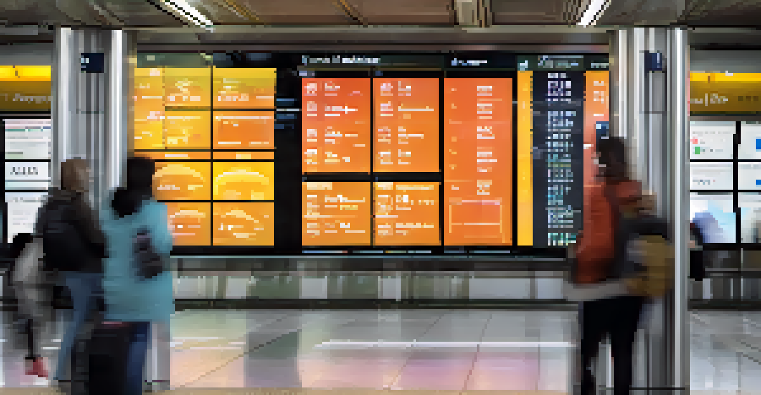 A digital display board at a transit station showing real-time updates, with engaged passengers in the background.