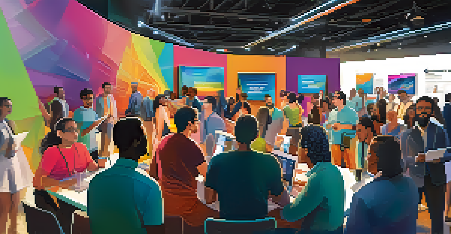 A diverse group of tech professionals at a networking event, engaged in discussions with laptops in hand.