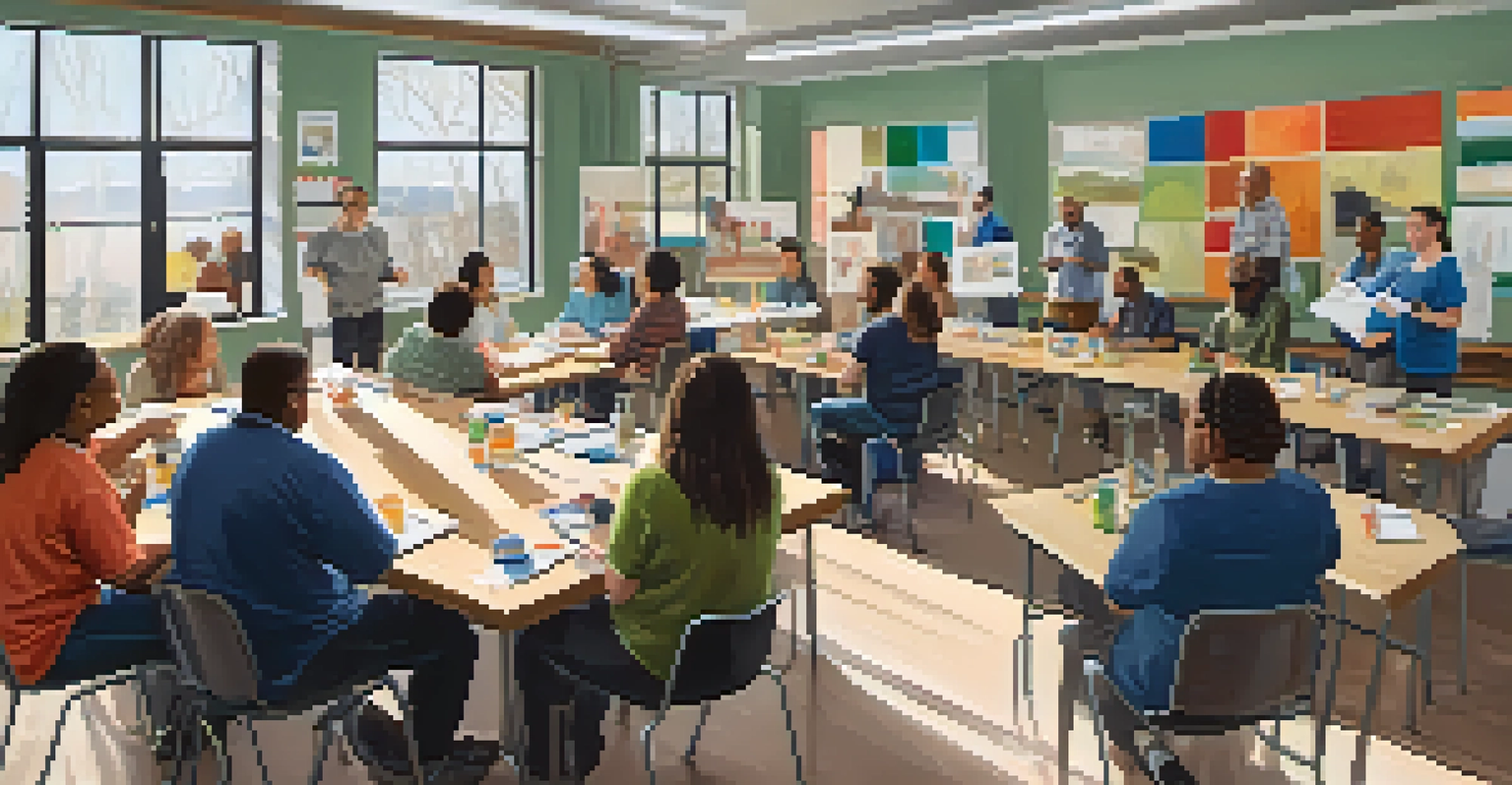 An empowering workshop with individuals with disabilities participating in a training session, discussing ideas around a table filled with resources in a well-lit room.