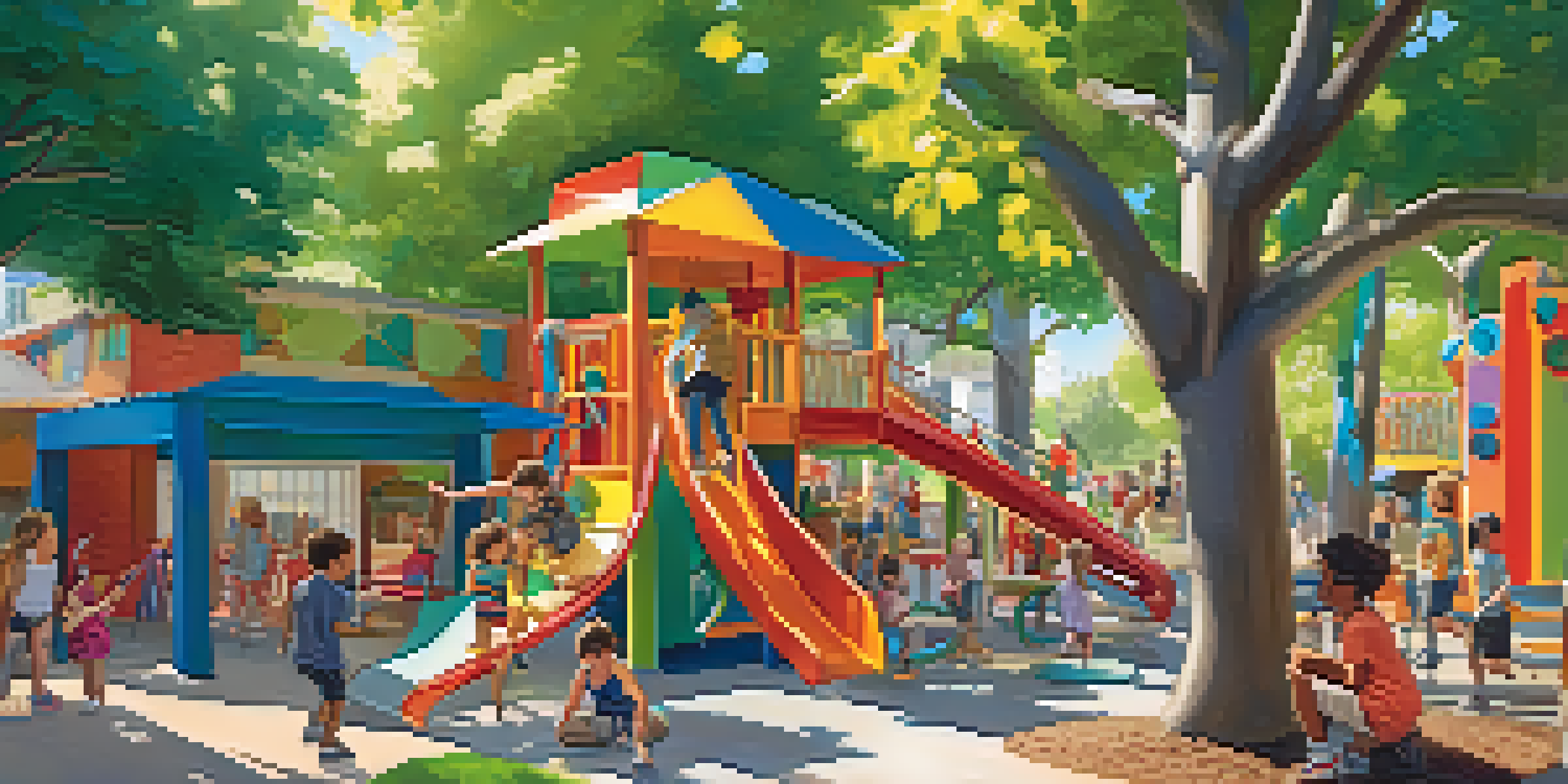 A lively outdoor area of the Children's Discovery Museum with children interacting with colorful exhibits and climbing structures under the sunlight.