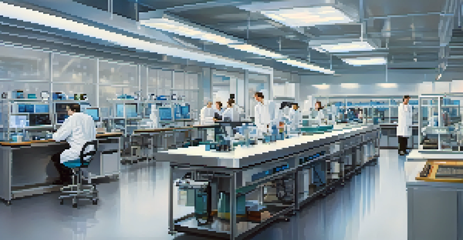 An interior view of a high-tech laboratory with scientists working, advanced equipment, and bright overhead lights.
