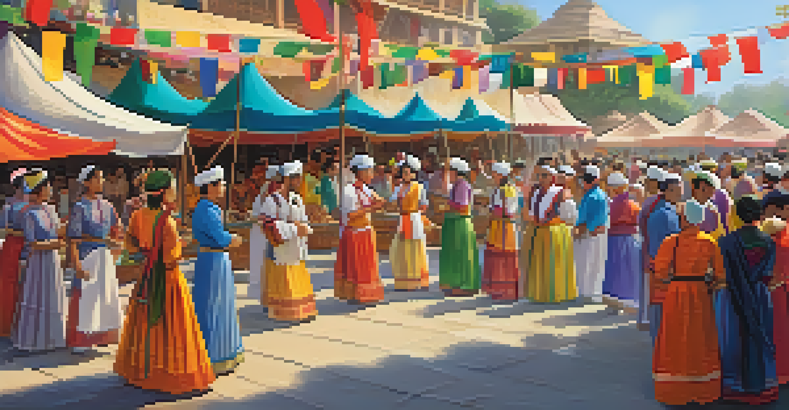 An international festival with performers in traditional clothing and food stalls from various cultures.