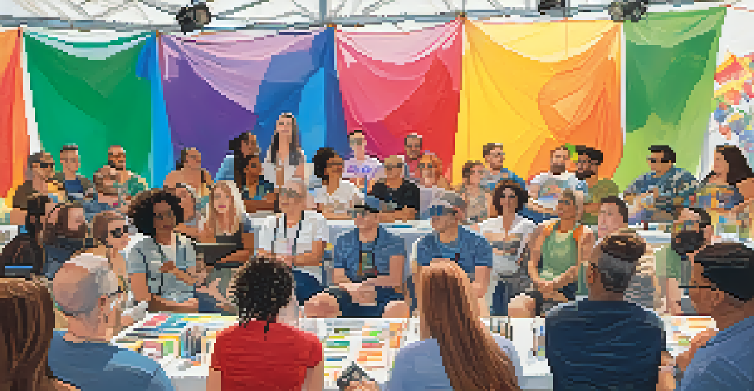 A workshop at the San Jose Pride Festival with diverse attendees listening to a speaker about LGBTQ+ rights, surrounded by pride flags.