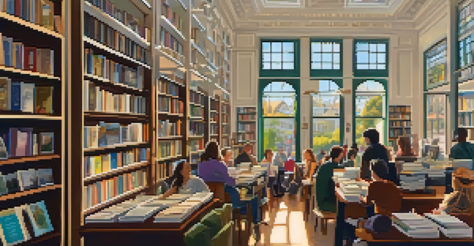 A warm and inviting independent bookstore with shelves of books, a reading nook, and a local author signing books for enthusiastic readers.