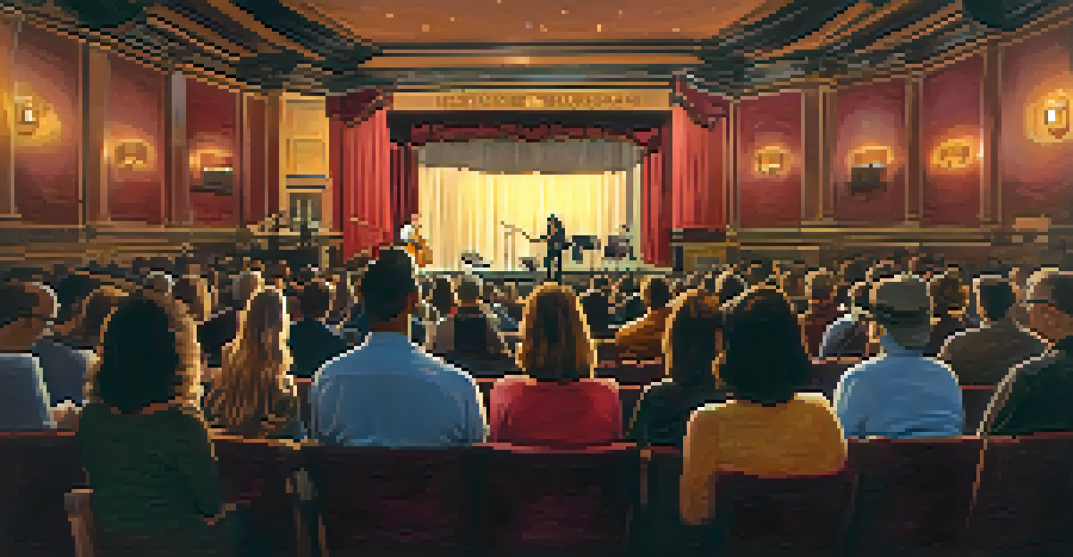An intimate theater performance at the Montgomery Theater, with an engaged audience and warm, cozy lighting.