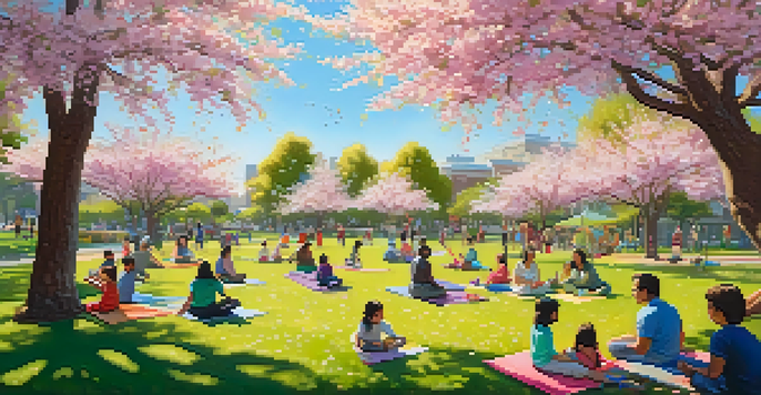 A community park filled with diverse groups of people enjoying activities like playing, practicing yoga, and having picnics under cherry blossom trees.