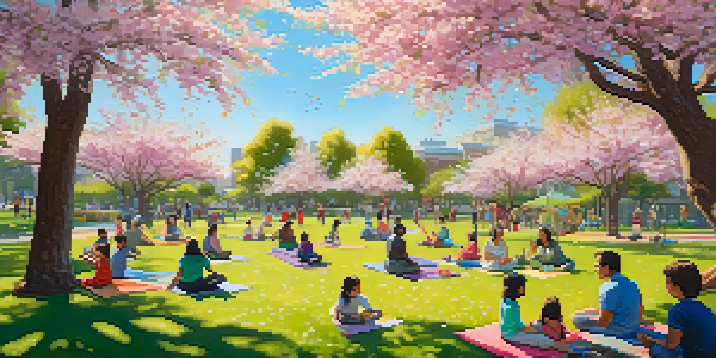 A community park filled with diverse groups of people enjoying activities like playing, practicing yoga, and having picnics under cherry blossom trees.