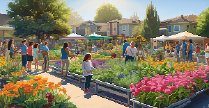 A community garden in San Jose with residents participating in a water conservation workshop, featuring drought-resistant plants and colorful flowers under warm sunlight.