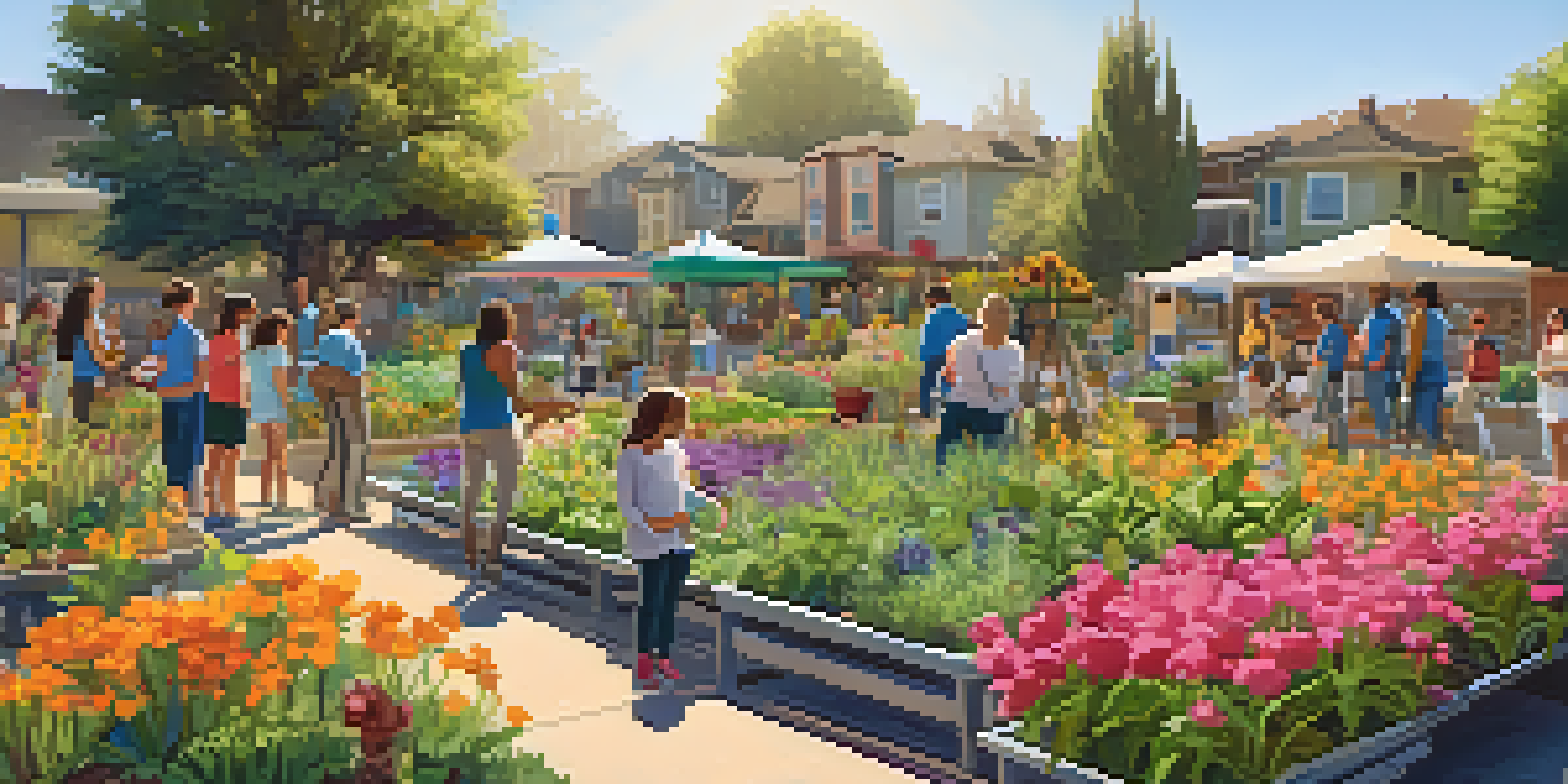 A community garden in San Jose with residents participating in a water conservation workshop, featuring drought-resistant plants and colorful flowers under warm sunlight.