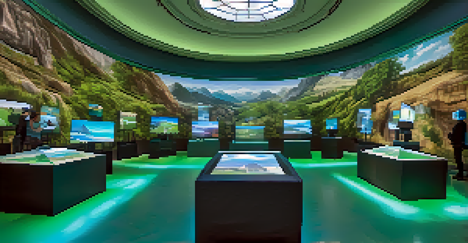 Visitors using virtual reality headsets in a museum exhibit, surrounded by screens showcasing historical artifacts in a softly lit environment.