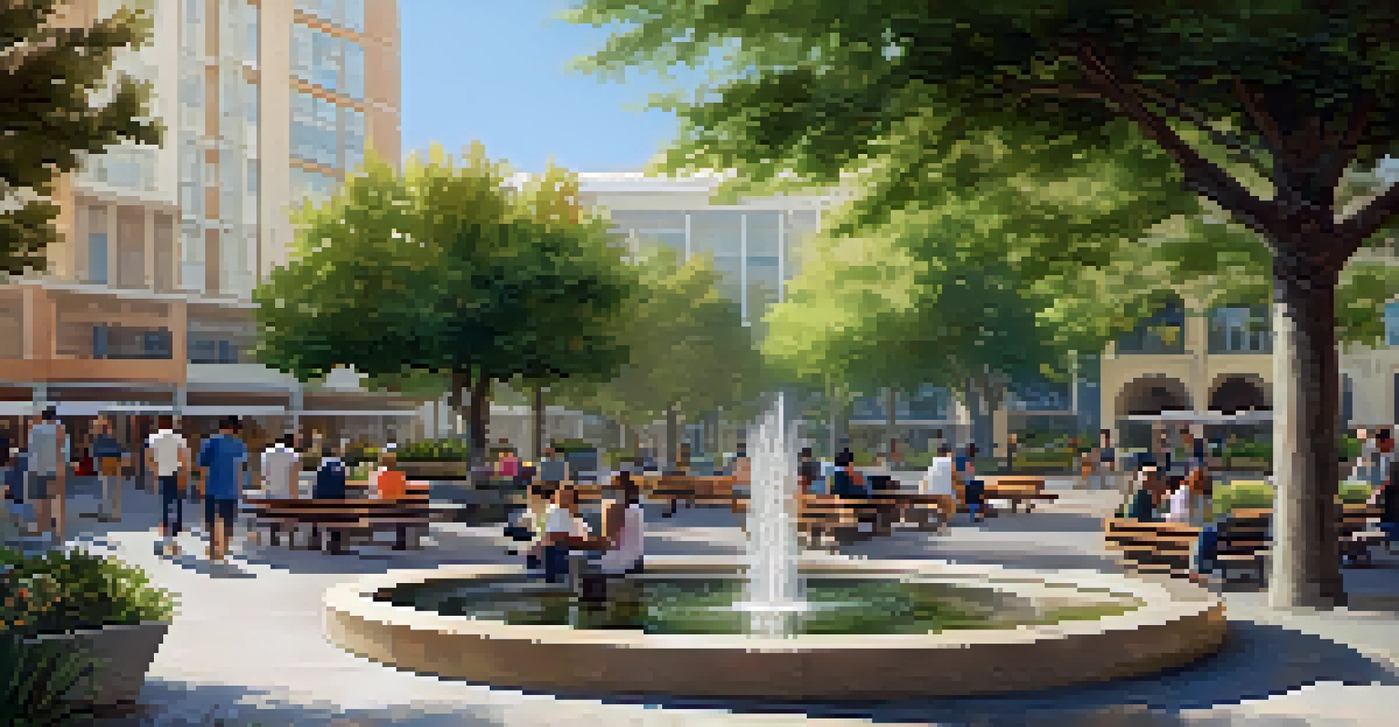 A public square in San Jose with a fountain, benches, and people socializing, highlighted by soft sunlight.