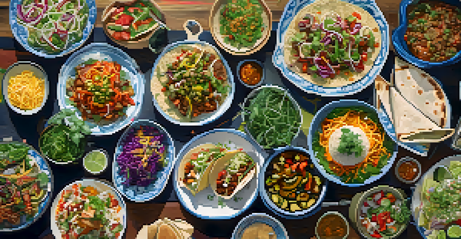 An overhead view of a diverse potluck dinner table with various cultural dishes, showcasing a vibrant communal meal.
