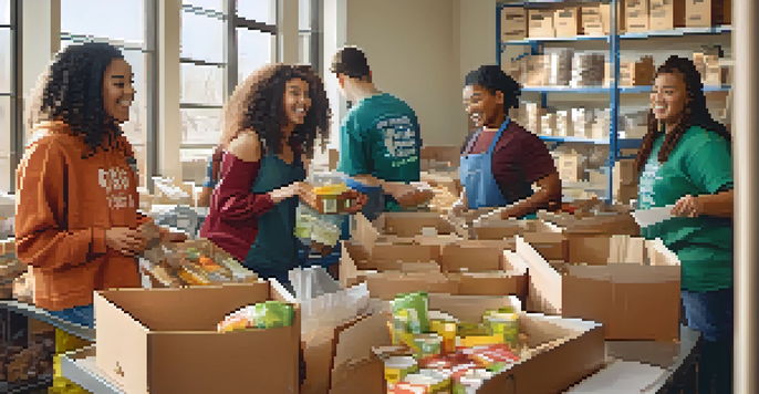 A diverse group of students working together in a food bank, sorting and packing food items under warm sunlight.