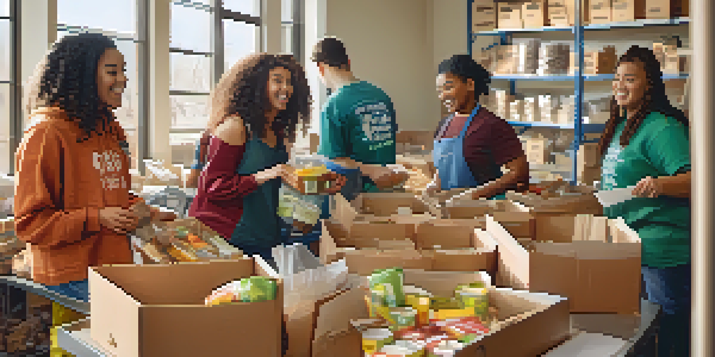 A diverse group of students working together in a food bank, sorting and packing food items under warm sunlight.